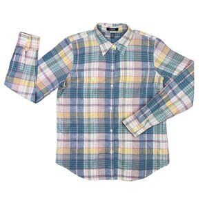 Chaps Linen Blend Shirt Womens M Pink Blue Pastel Plaid Long Sleeve Lightweight